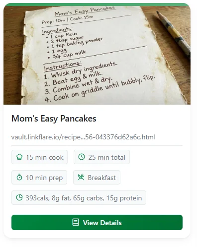 Recipe card showing extracted data including cook time, prep time, category, and nutrition info
