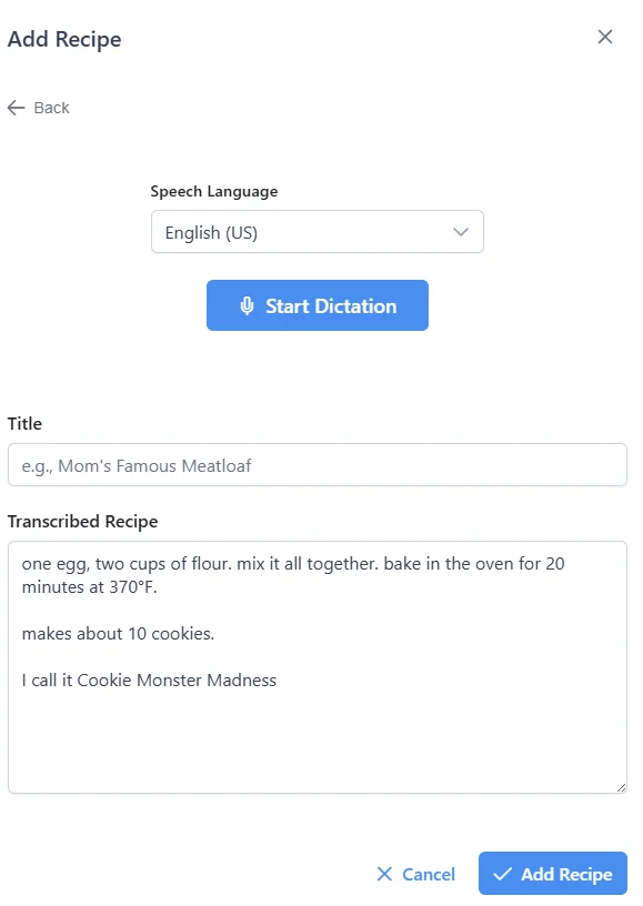 Dictate recipe dialog with language selector, Start Dictation button, and transcribed recipe text