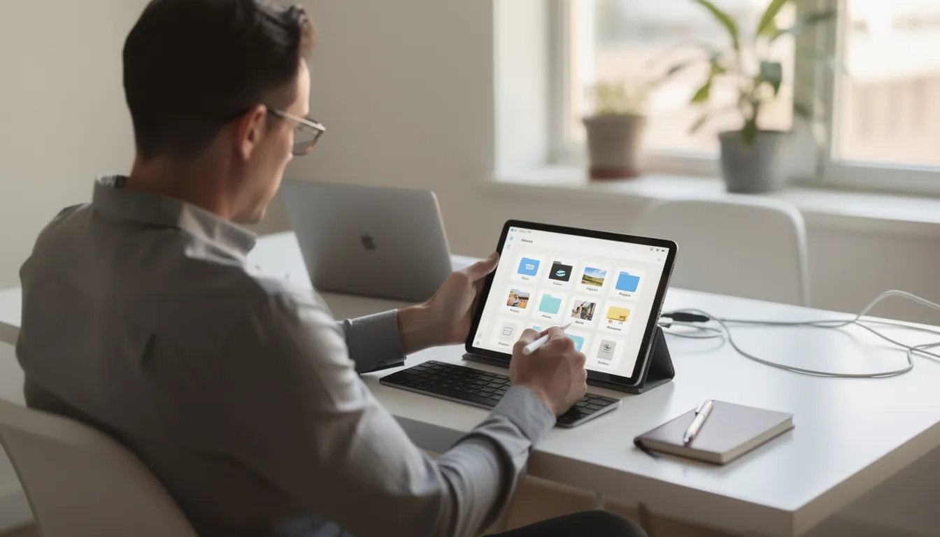 A person is sitting at a modern desk, using a tablet to organize digital content, including web pages and articles. They appear focused on managing bookmarks and saving links, highlighting the importance of a user-friendly interface for effective digital life organization.