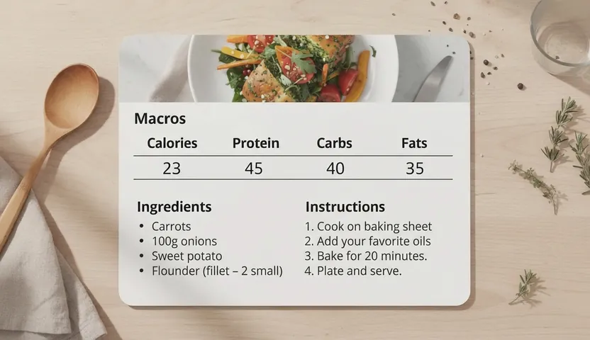 The image features a recipe card displaying macro nutrients, a list of ingredients, and simple cooking instructions. It is designed to help users organize and save their favorite recipes, making meal planning and grocery shopping easier.