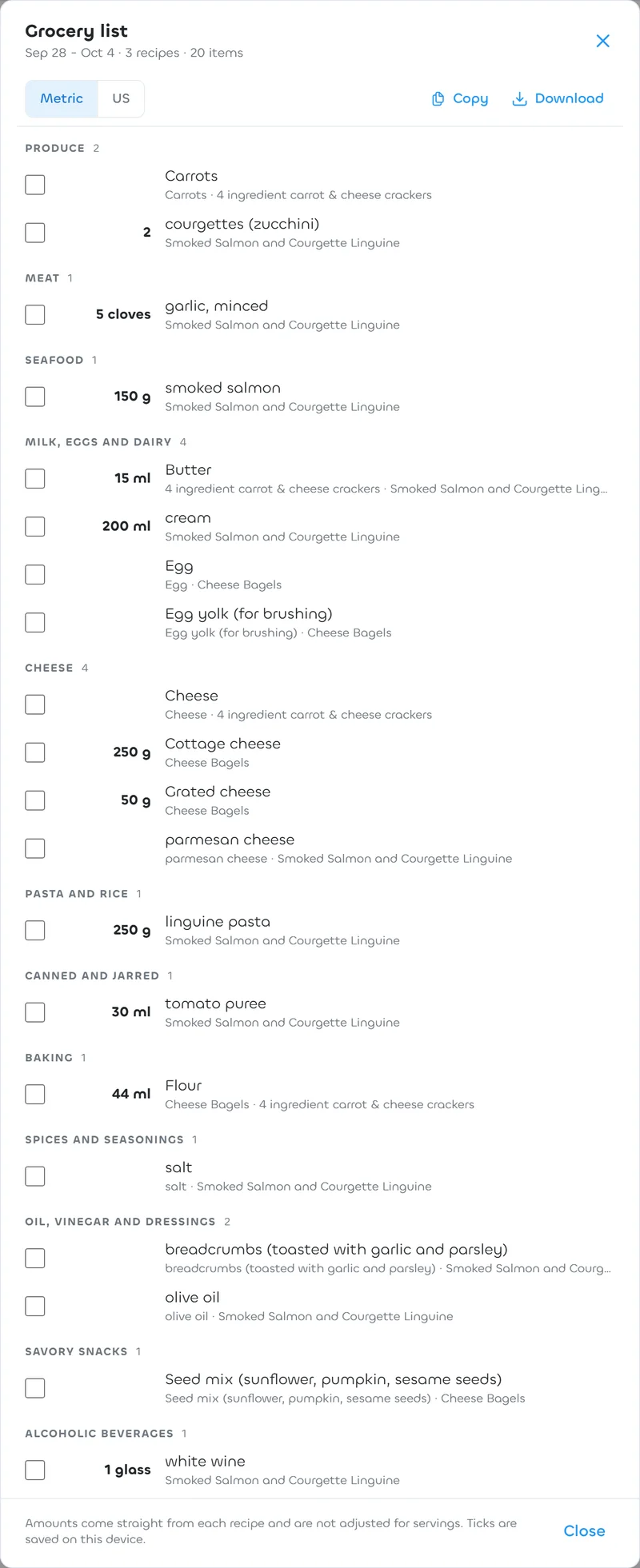 Meal Planning 5: Grocery list grouped by supermarket aisle