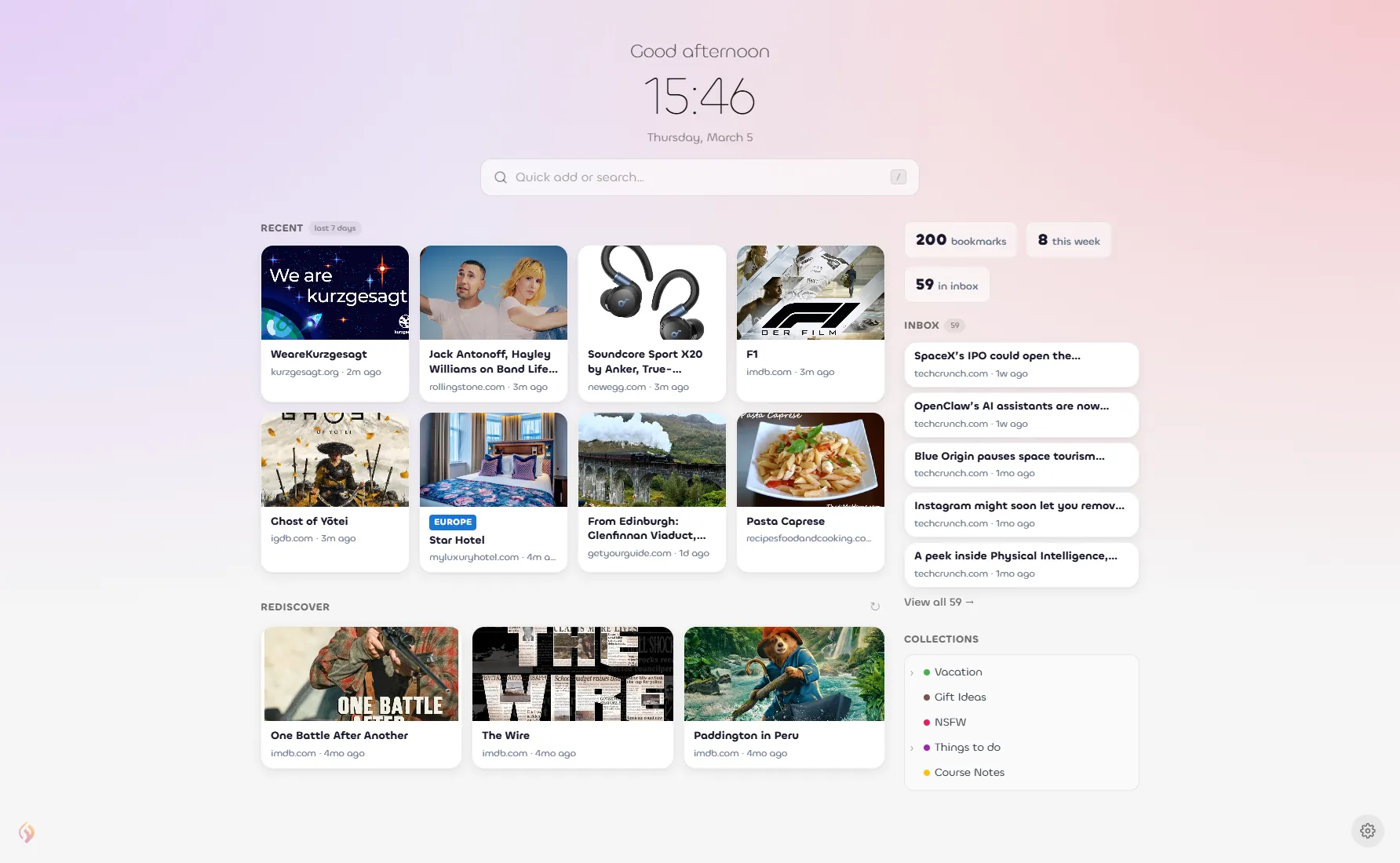 New Tab Dashboard in light theme showing recent bookmarks, inbox, stats, and collections