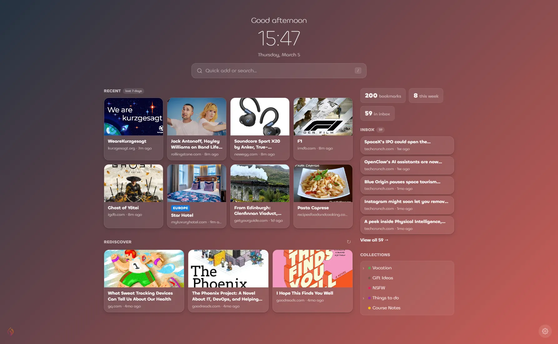 New Tab with warm orange/dark gradient background