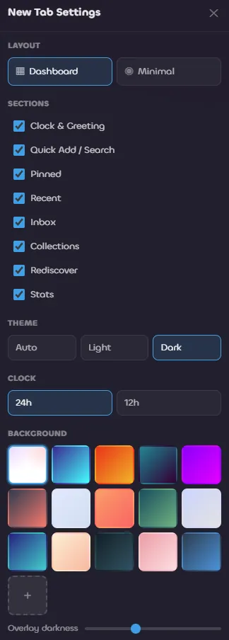 New Tab Settings panel showing layout, sections, theme, clock, and background options