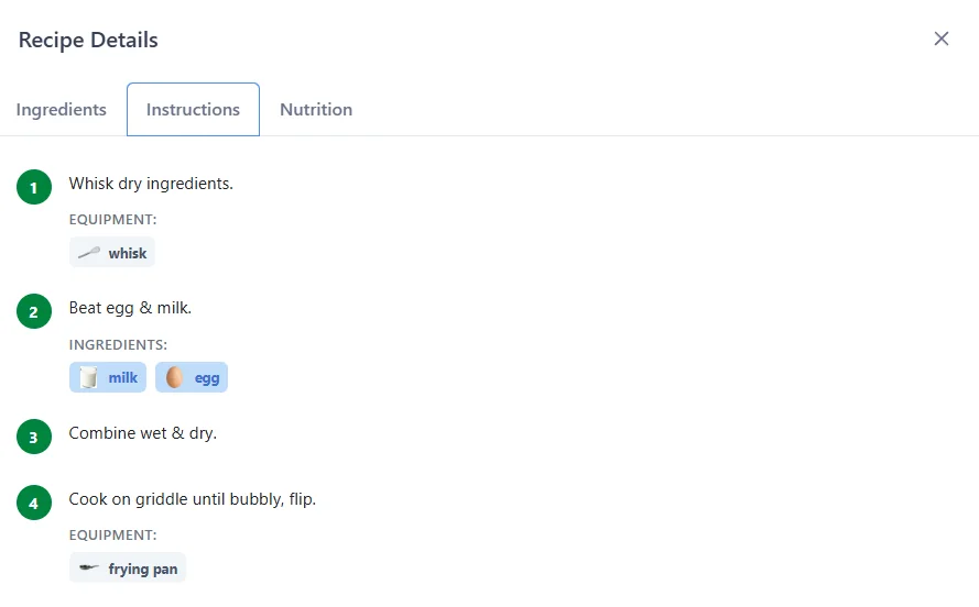 Recipe instructions showing numbered steps with equipment and ingredient badges