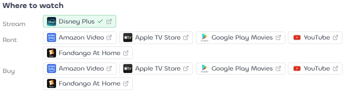 The 'Where to watch' panel for a movie in Linkflare, listing Stream, Rent, and Buy options with provider logos such as Disney Plus, Amazon Video, Apple TV Store, and Google Play Movies