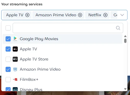 The Streaming section of Linkflare's Profile Settings, with a country picker and a multi-select of streaming services such as Apple TV, Amazon Prime Video, and Netflix